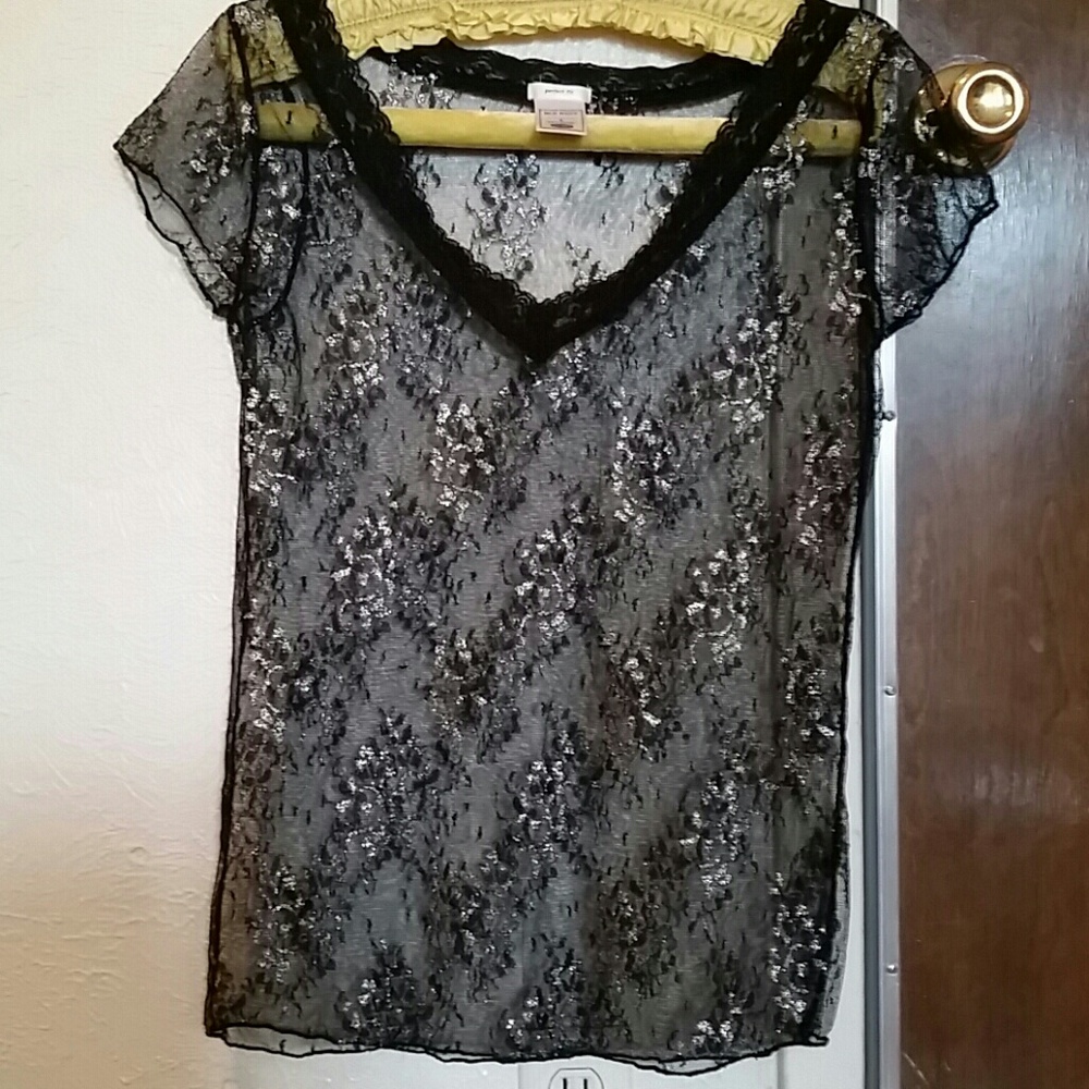 Black silver metallic floral mesh lace shirt top